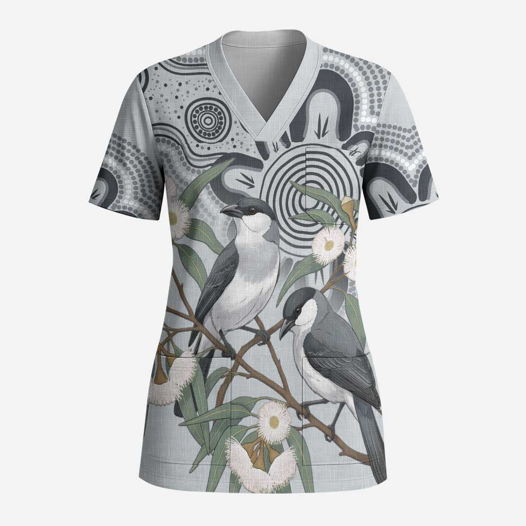 Australia Grey Butcherbird Scrub Top Eucalyptus Alba Indigenous Art - Aussie Hoodie
