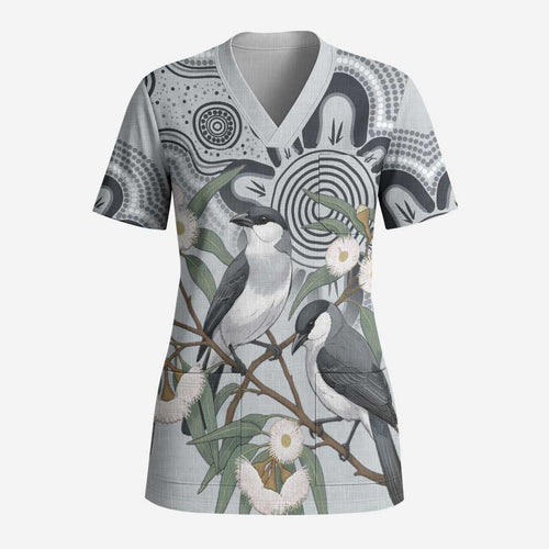 Australia Grey Butcherbird Scrub Top Eucalyptus Alba Indigenous Art - Aussie Hoodie