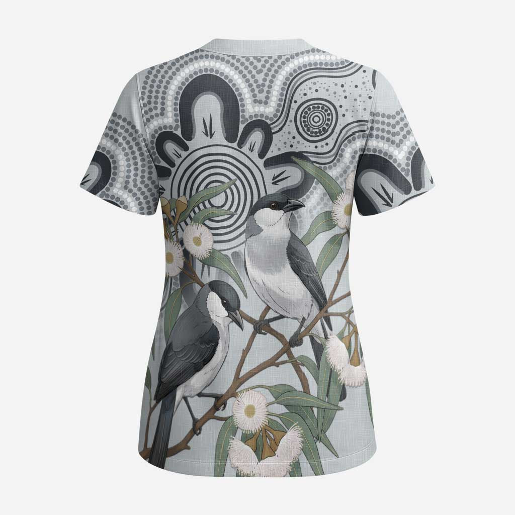 Australia Grey Butcherbird Scrub Top Eucalyptus Alba Indigenous Art - Aussie Hoodie
