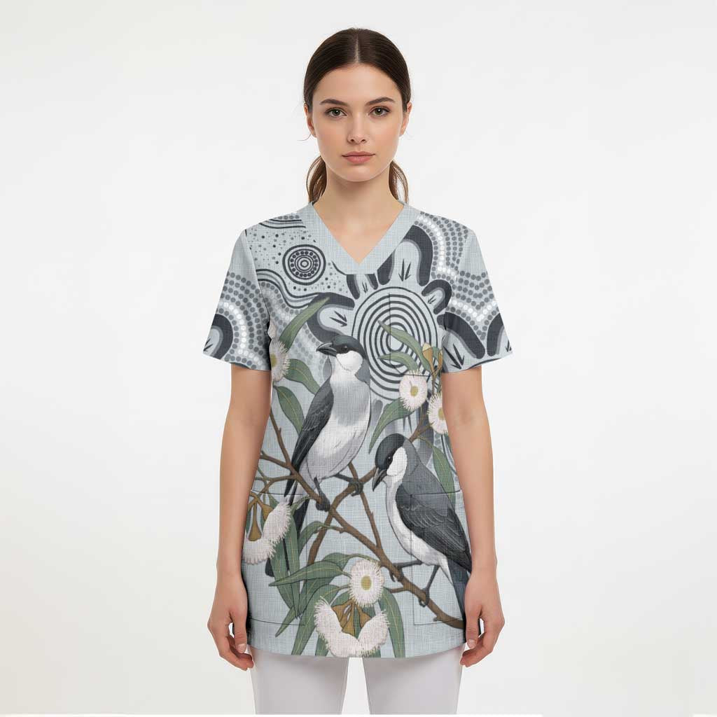 Australia Grey Butcherbird Scrub Top Eucalyptus Alba Indigenous Art - Aussie Hoodie