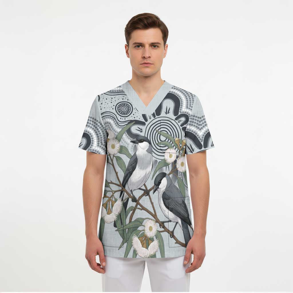 Australia Grey Butcherbird Scrub Top Eucalyptus Alba Indigenous Art - Aussie Hoodie