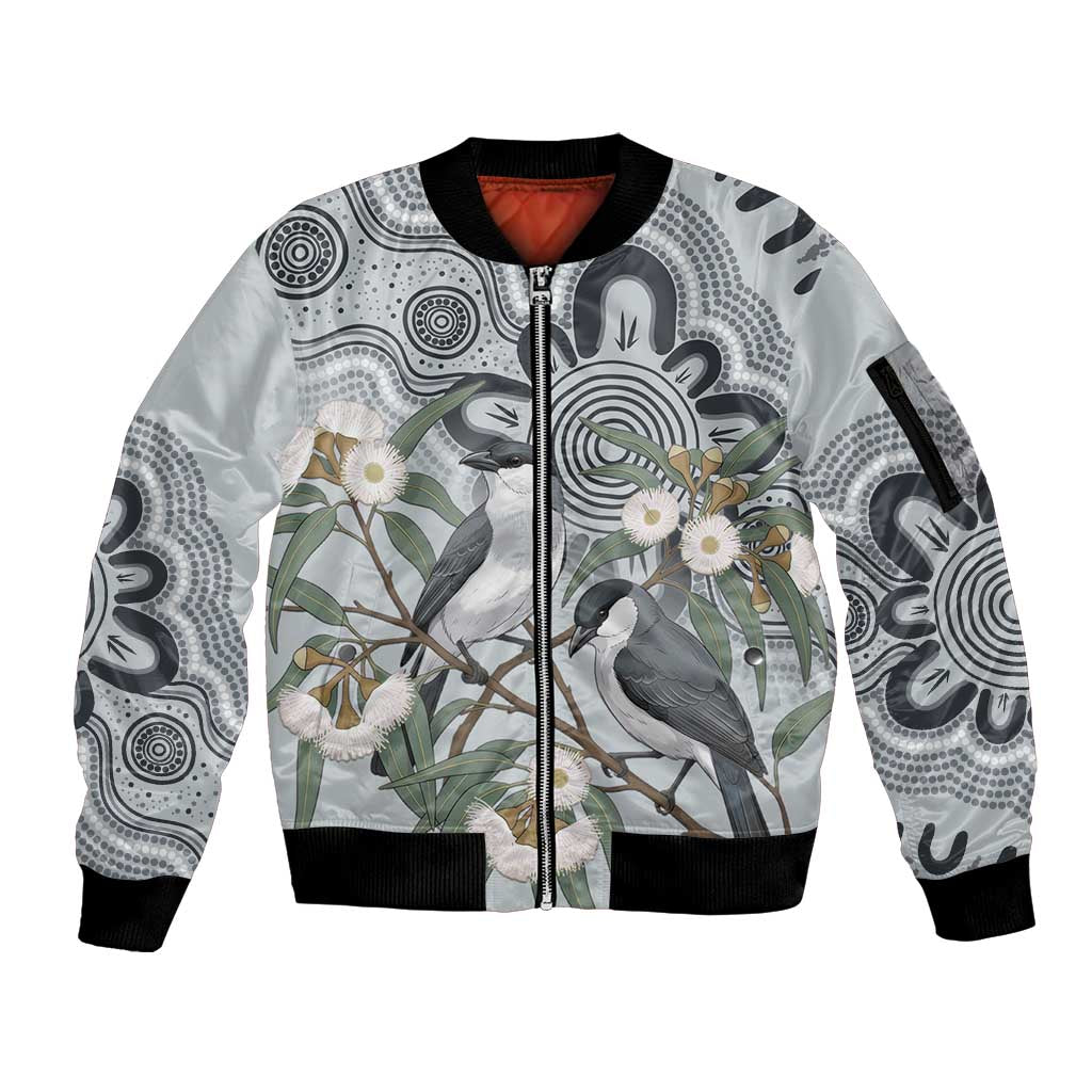 Australia Grey Butcherbird Sleeve Zip Bomber Jacket Eucalyptus Alba Indigenous Art - Aussie Hoodie