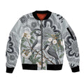 Australia Grey Butcherbird Sleeve Zip Bomber Jacket Eucalyptus Alba Indigenous Art - Aussie Hoodie