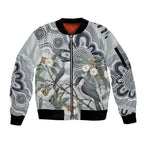 Australia Grey Butcherbird Sleeve Zip Bomber Jacket Eucalyptus Alba Indigenous Art - Aussie Hoodie
