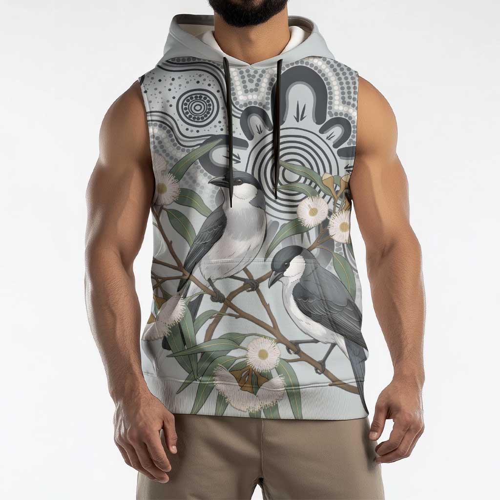 Australia Grey Butcherbird Sleeveless Hoodie Eucalyptus Alba Indigenous Art - Aussie Hoodie