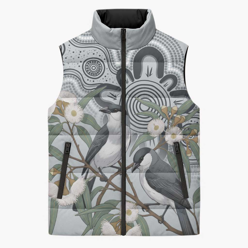 Australia Grey Butcherbird Sleeveless Puffer Jacket Eucalyptus Alba Indigenous Art - Aussie Hoodie