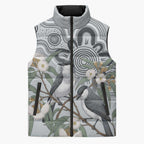 Australia Grey Butcherbird Sleeveless Puffer Jacket Eucalyptus Alba Indigenous Art - Aussie Hoodie