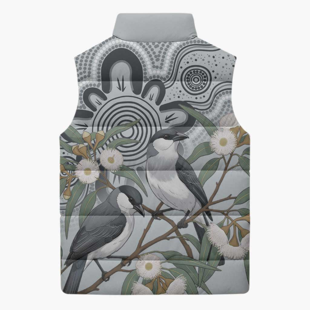 Australia Grey Butcherbird Sleeveless Puffer Jacket Eucalyptus Alba Indigenous Art - Aussie Hoodie