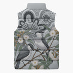 Australia Grey Butcherbird Sleeveless Puffer Jacket Eucalyptus Alba Indigenous Art - Aussie Hoodie