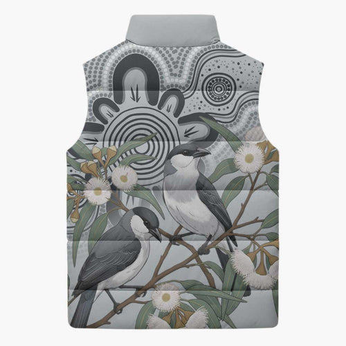 Australia Grey Butcherbird Sleeveless Puffer Jacket Eucalyptus Alba Indigenous Art - Aussie Hoodie