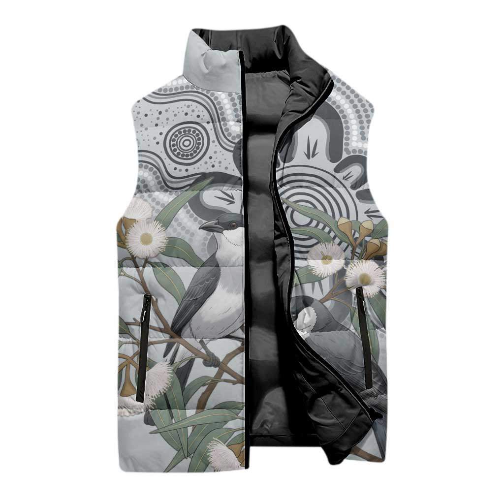 Australia Grey Butcherbird Sleeveless Puffer Jacket Eucalyptus Alba Indigenous Art - Aussie Hoodie