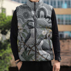 Australia Grey Butcherbird Sleeveless Puffer Jacket Eucalyptus Alba Indigenous Art - Aussie Hoodie