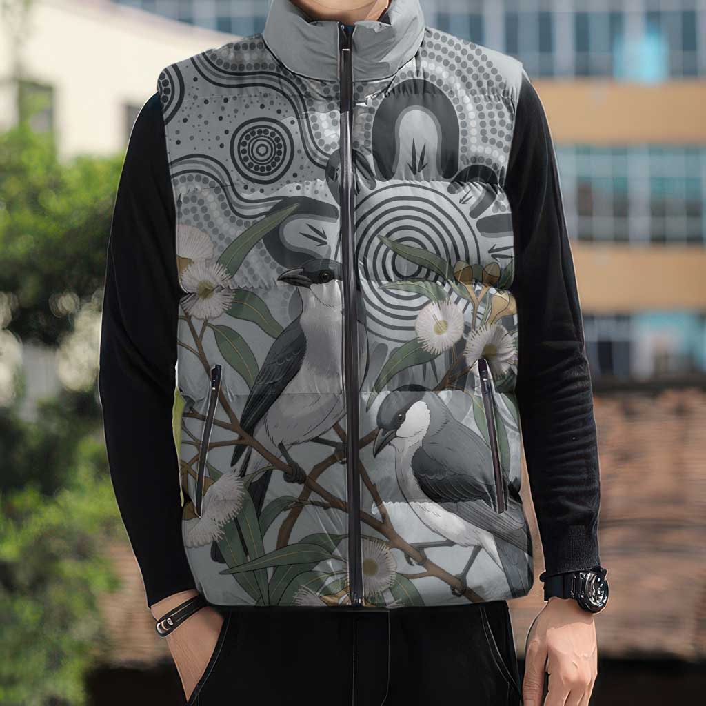 Australia Grey Butcherbird Sleeveless Puffer Jacket Eucalyptus Alba Indigenous Art - Aussie Hoodie