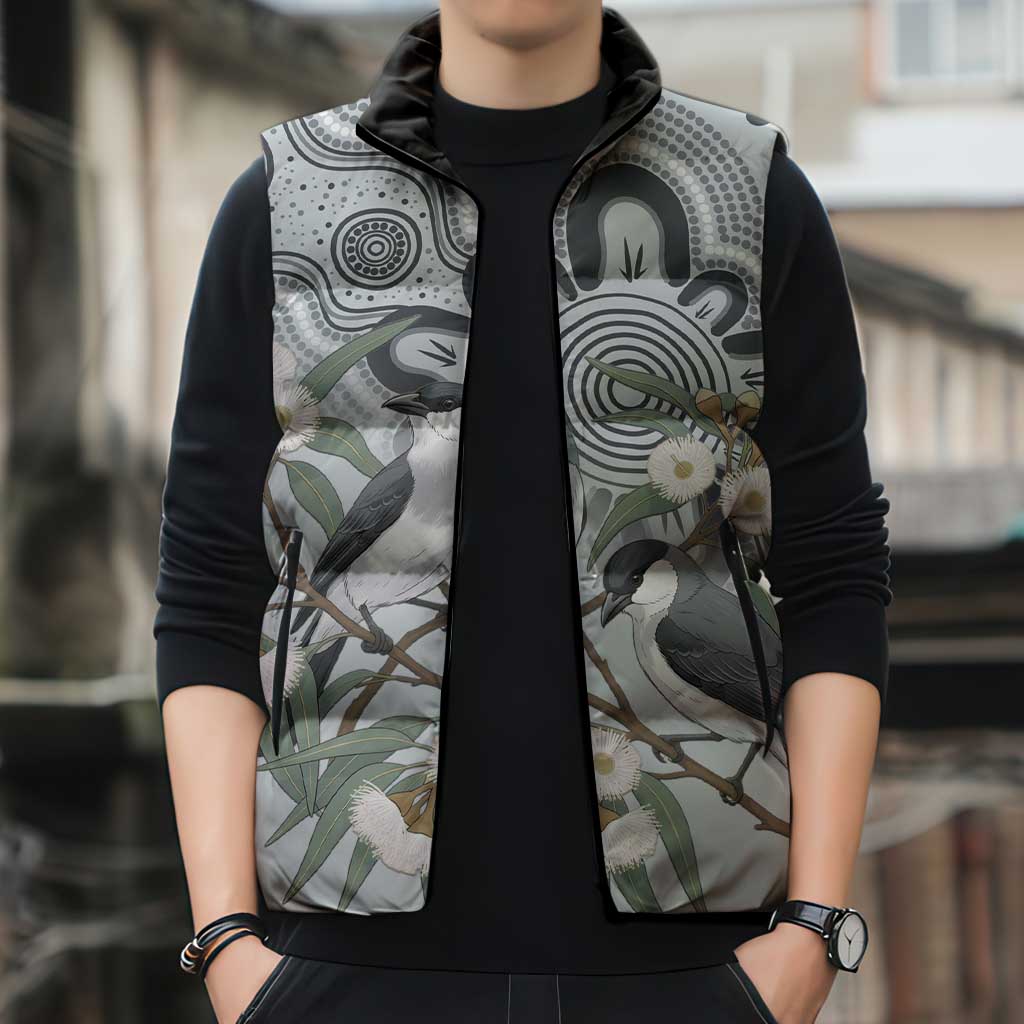 Australia Grey Butcherbird Sleeveless Puffer Jacket Eucalyptus Alba Indigenous Art - Aussie Hoodie