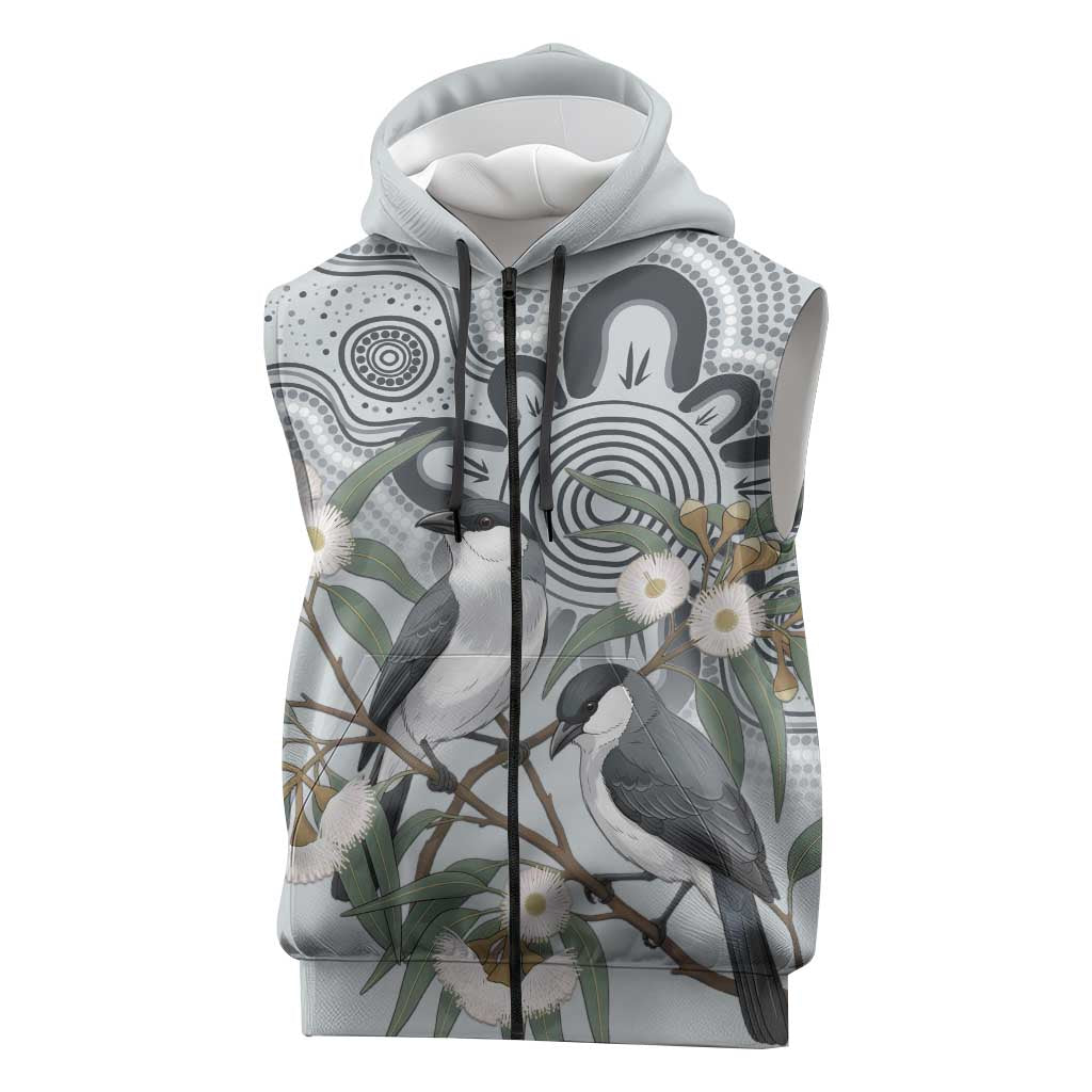Australia Grey Butcherbird Sleeveless Zip Hoodie Eucalyptus Alba Indigenous Art - Aussie Hoodie