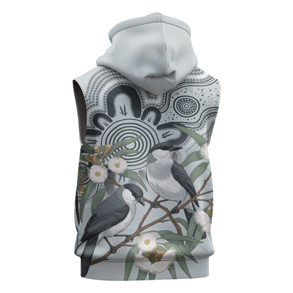 Australia Grey Butcherbird Sleeveless Zip Hoodie Eucalyptus Alba Indigenous Art - Aussie Hoodie