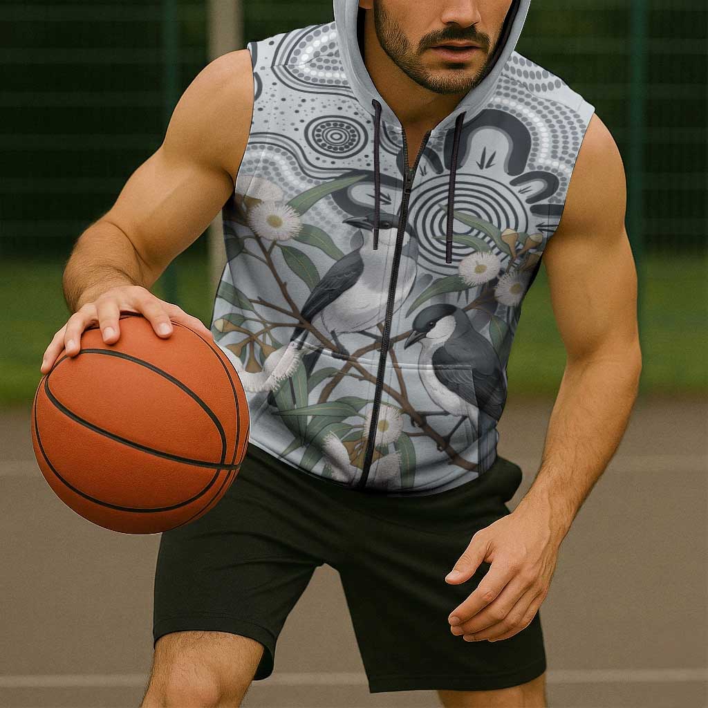 Australia Grey Butcherbird Sleeveless Zip Hoodie Eucalyptus Alba Indigenous Art - Aussie Hoodie