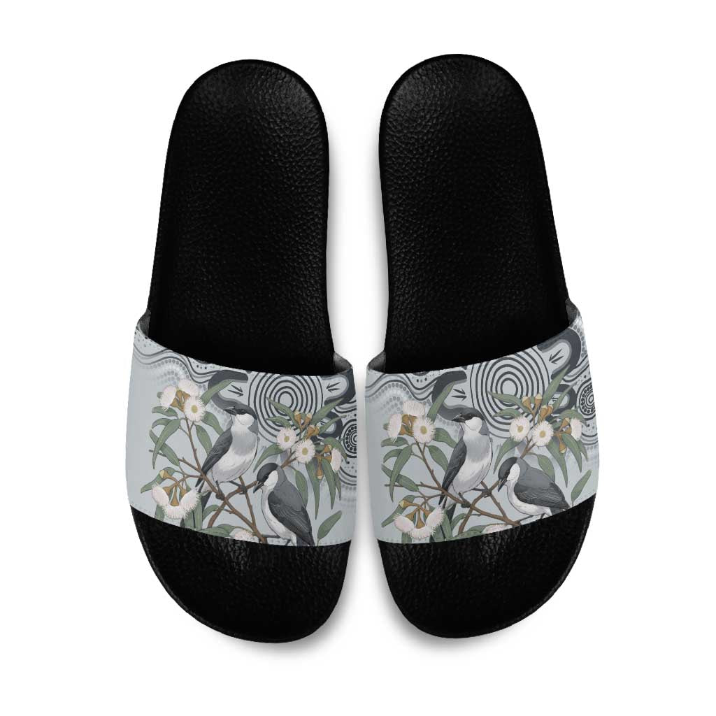 Australia Grey Butcherbird Slide Sandals Eucalyptus Alba Indigenous Art - Aussie Hoodie
