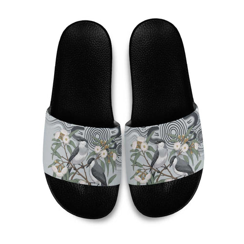 Australia Grey Butcherbird Slide Sandals Eucalyptus Alba Indigenous Art - Aussie Hoodie