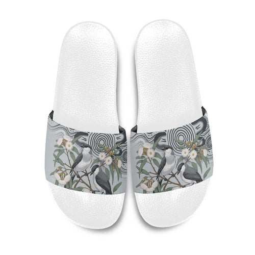 Australia Grey Butcherbird Slide Sandals Eucalyptus Alba Indigenous Art - Aussie Hoodie