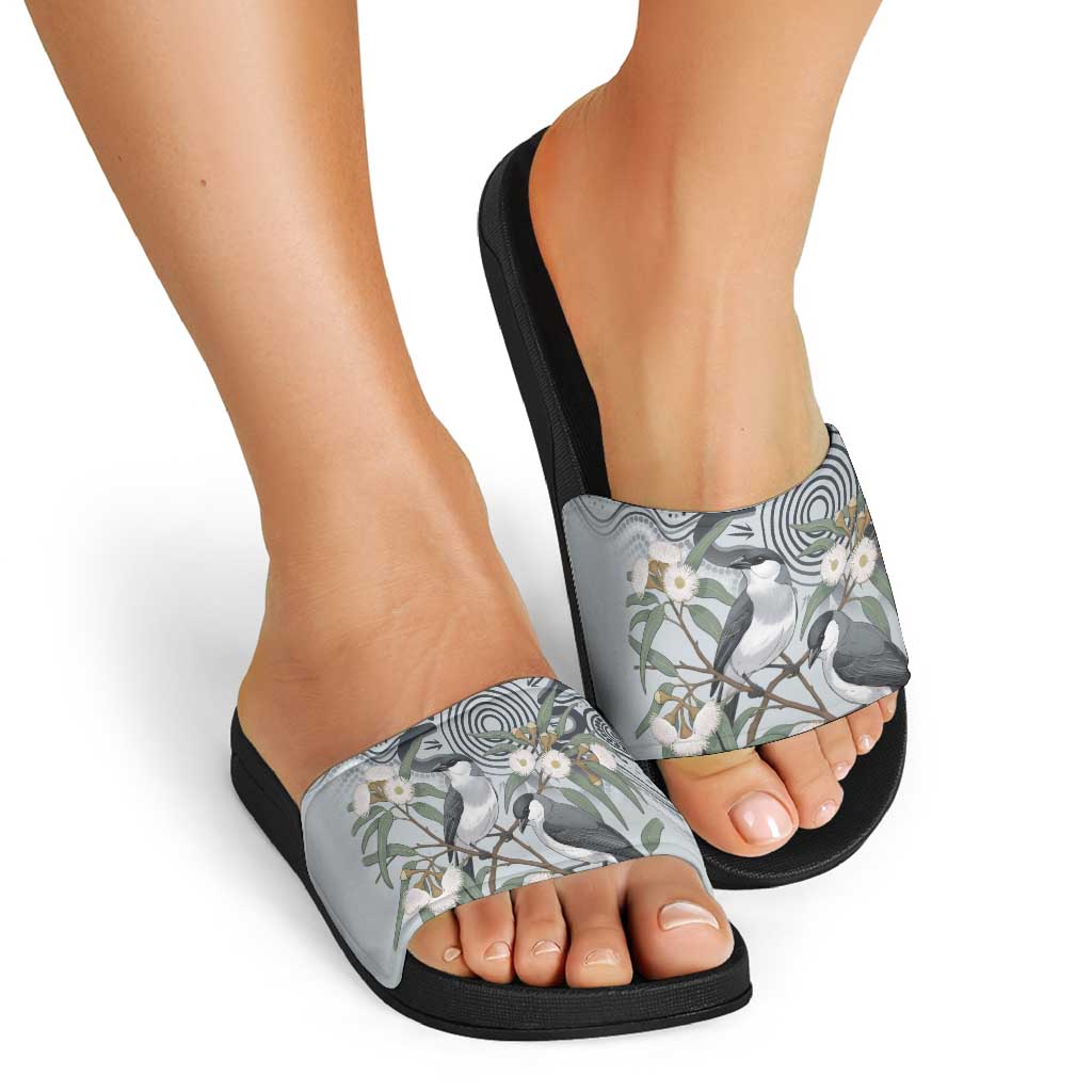 Australia Grey Butcherbird Slide Sandals Eucalyptus Alba Indigenous Art - Aussie Hoodie