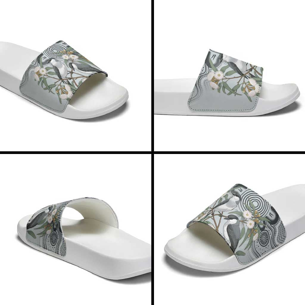 Australia Grey Butcherbird Slide Sandals Eucalyptus Alba Indigenous Art - Aussie Hoodie