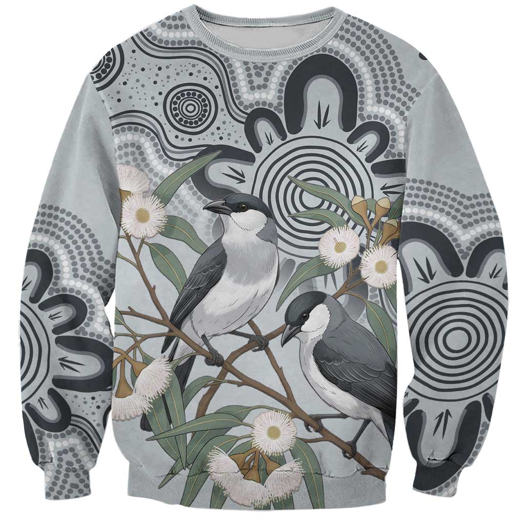 Australia Grey Butcherbird Sweatshirt Eucalyptus Alba Indigenous Art - Aussie Hoodie