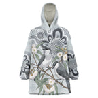 Australia Grey Butcherbird Wearable Blanket Hoodie Eucalyptus Alba Indigenous Art - Aussie Hoodie