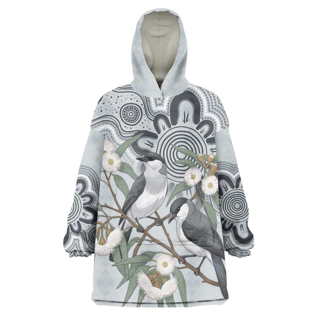 Australia Grey Butcherbird Wearable Blanket Hoodie Eucalyptus Alba Indigenous Art - Aussie Hoodie