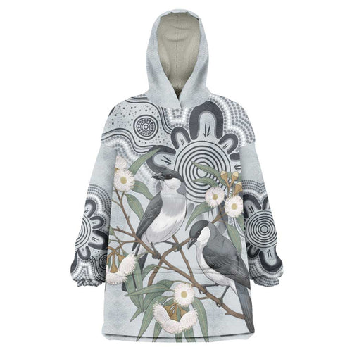 Australia Grey Butcherbird Wearable Blanket Hoodie Eucalyptus Alba Indigenous Art - Aussie Hoodie
