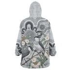 Australia Grey Butcherbird Wearable Blanket Hoodie Eucalyptus Alba Indigenous Art - Aussie Hoodie