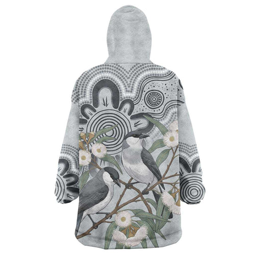 Australia Grey Butcherbird Wearable Blanket Hoodie Eucalyptus Alba Indigenous Art - Aussie Hoodie