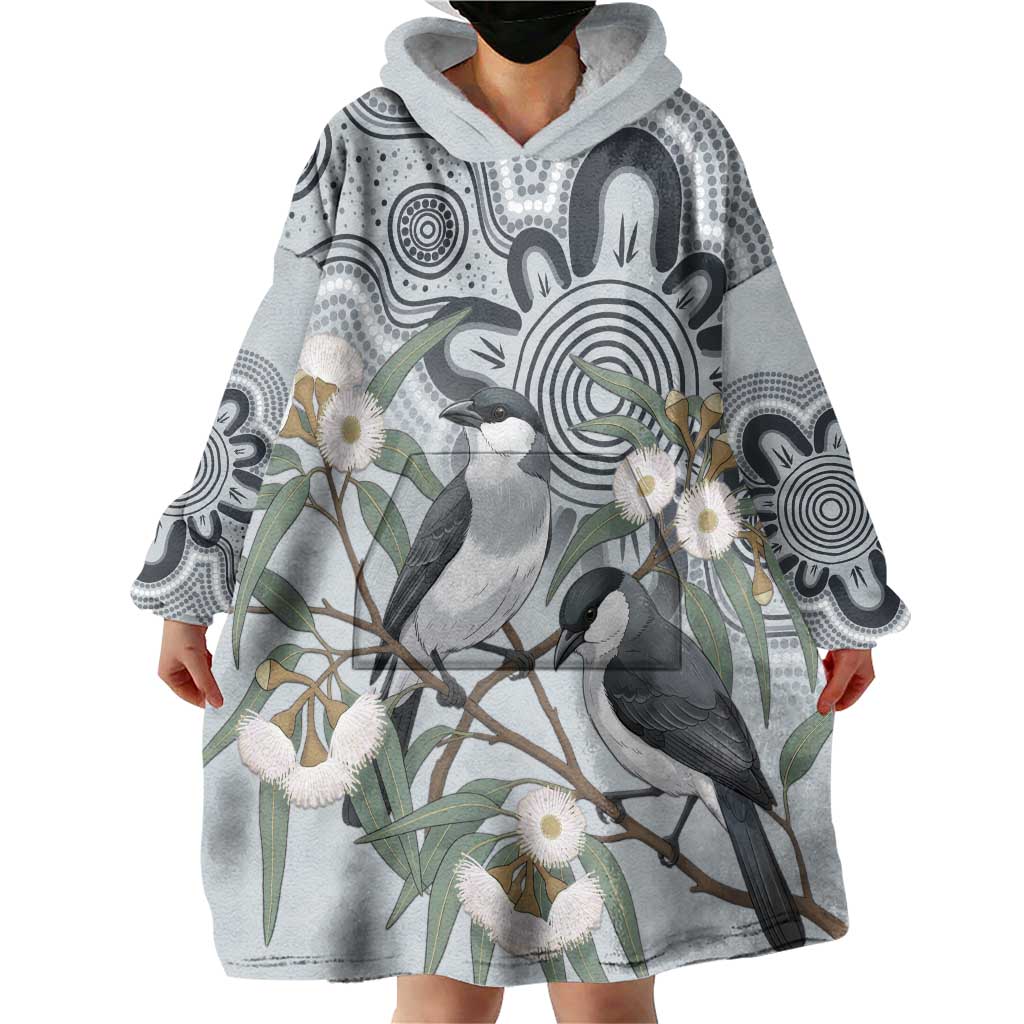 Australia Grey Butcherbird Wearable Blanket Hoodie Eucalyptus Alba Indigenous Art - Aussie Hoodie