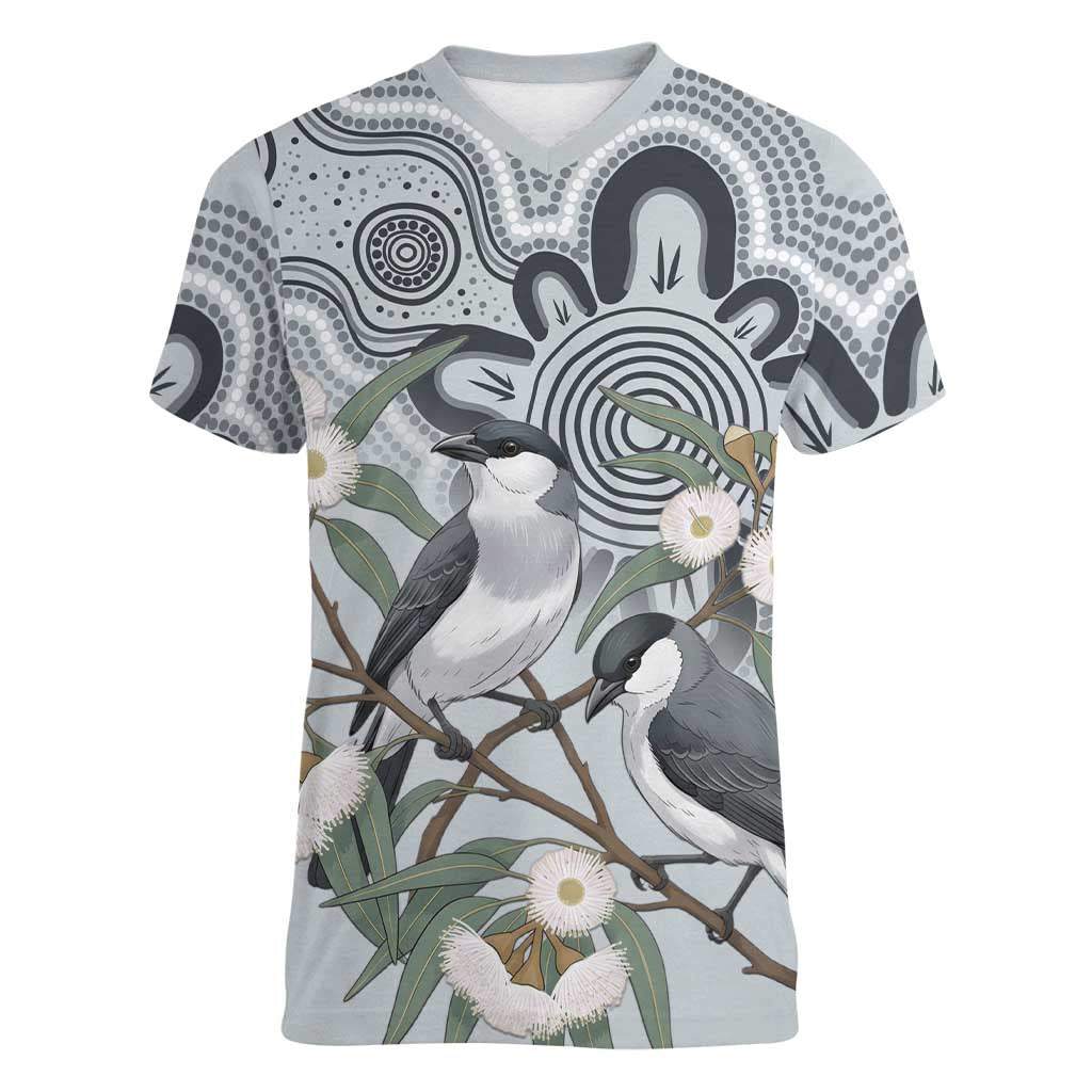 Australia Grey Butcherbird Women V-Neck T-Shirt Eucalyptus Alba Indigenous Art - Aussie Hoodie