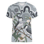 Australia Grey Butcherbird Women V-Neck T-Shirt Eucalyptus Alba Indigenous Art - Aussie Hoodie