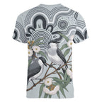 Australia Grey Butcherbird Women V-Neck T-Shirt Eucalyptus Alba Indigenous Art - Aussie Hoodie