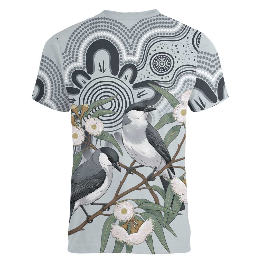 Australia Grey Butcherbird Women V-Neck T-Shirt Eucalyptus Alba Indigenous Art - Aussie Hoodie