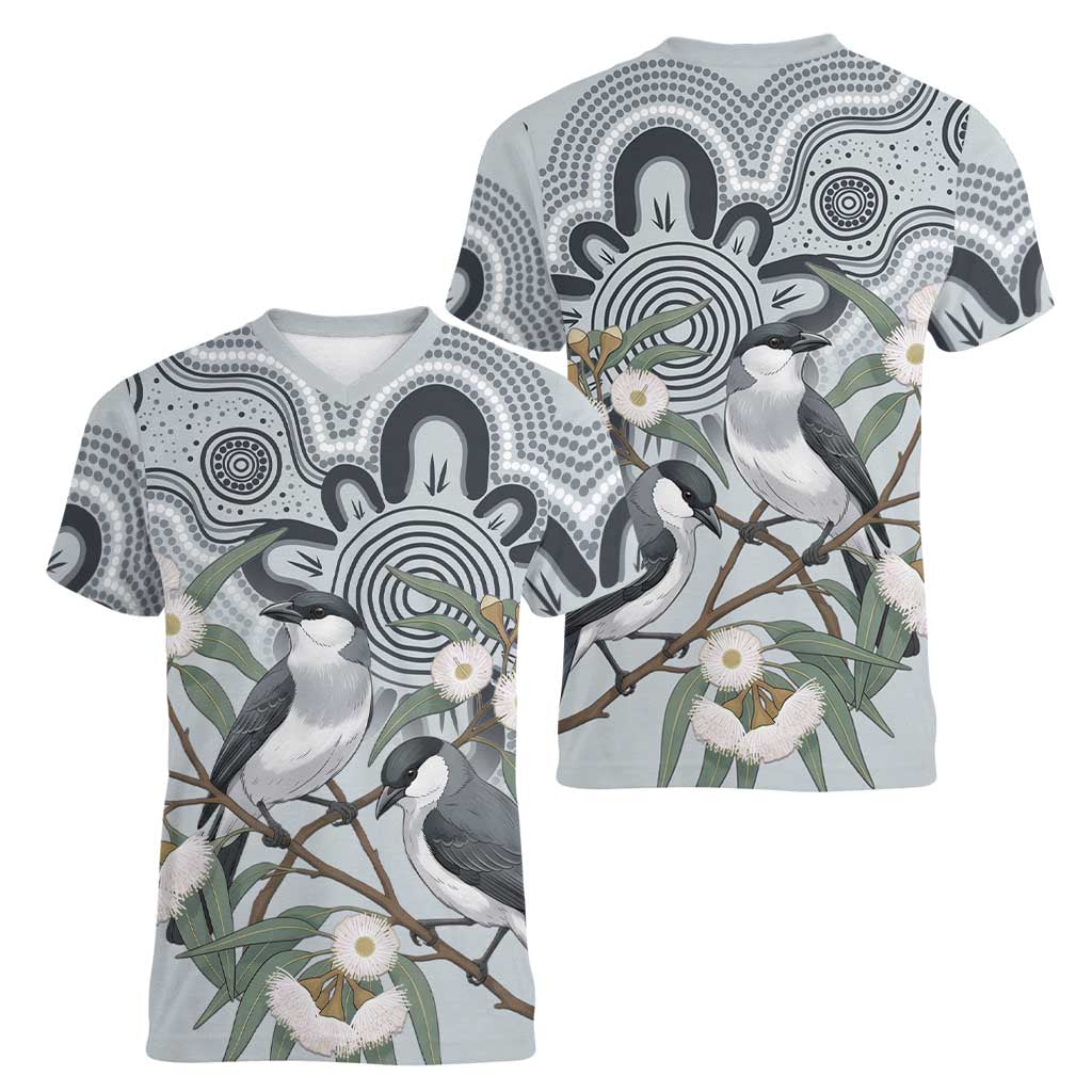 Australia Grey Butcherbird Women V-Neck T-Shirt Eucalyptus Alba Indigenous Art - Aussie Hoodie