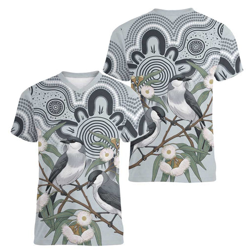 Australia Grey Butcherbird Women V-Neck T-Shirt Eucalyptus Alba Indigenous Art - Aussie Hoodie