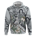 Australia Grey Butcherbird Zip Hoodie Eucalyptus Alba Indigenous Art - Aussie Hoodie