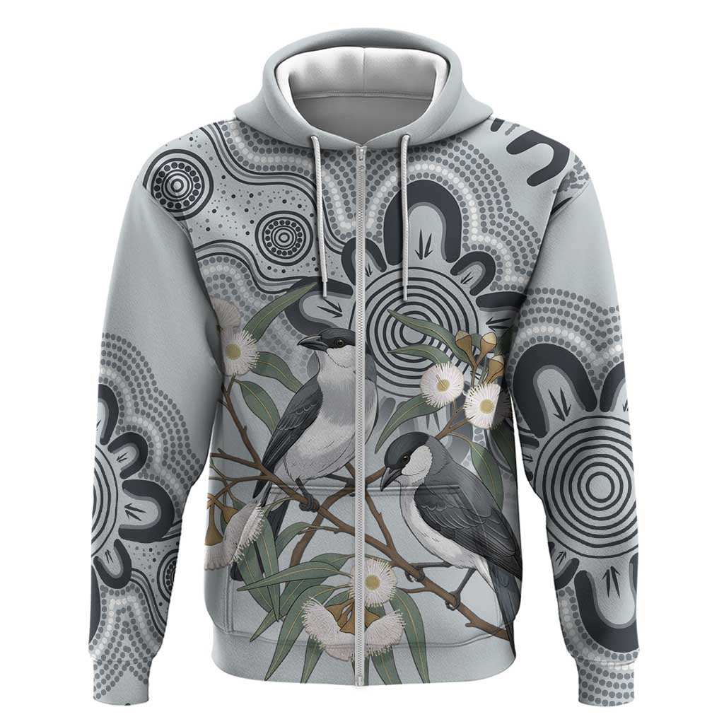 Australia Grey Butcherbird Zip Hoodie Eucalyptus Alba Indigenous Art - Aussie Hoodie