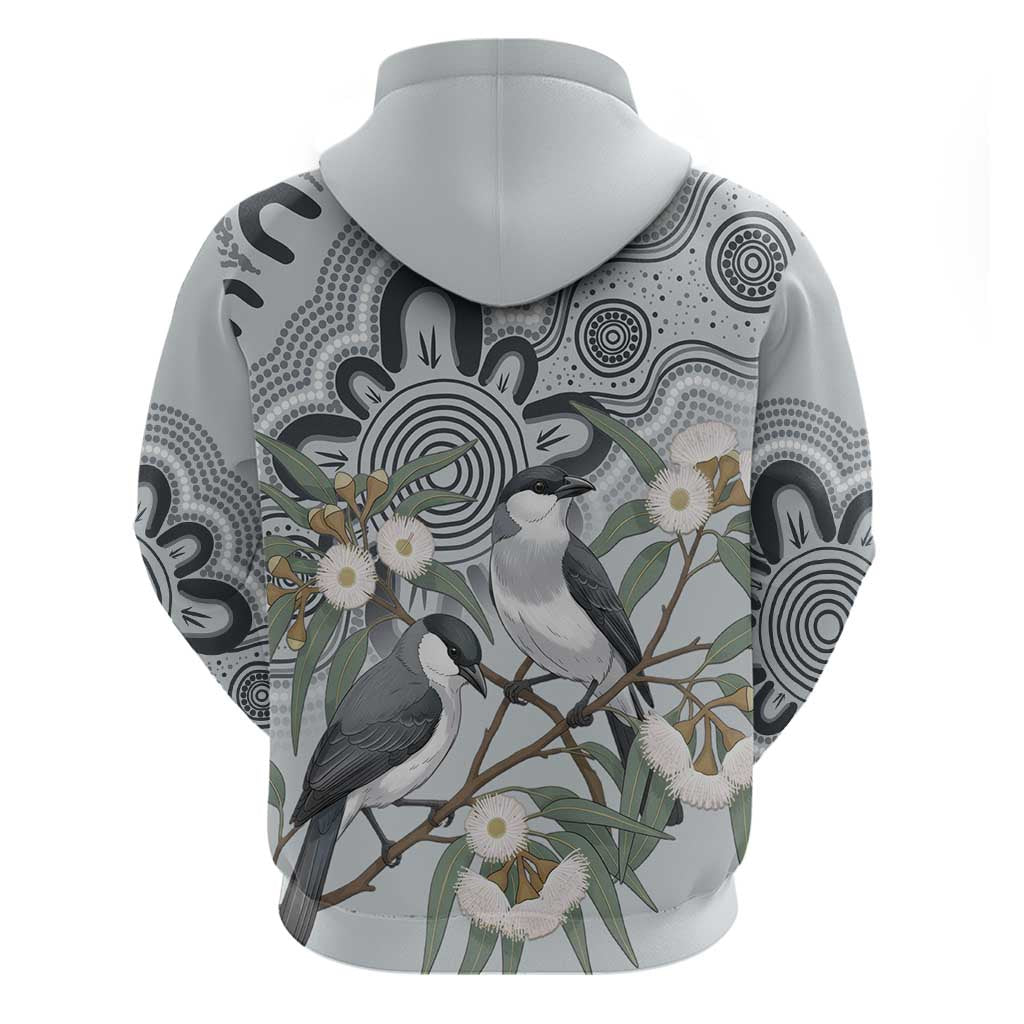 Australia Grey Butcherbird Zip Hoodie Eucalyptus Alba Indigenous Art - Aussie Hoodie