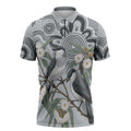 Australia Grey Butcherbird Zipper Polo Shirt Eucalyptus Alba Indigenous Art - Aussie Hoodie