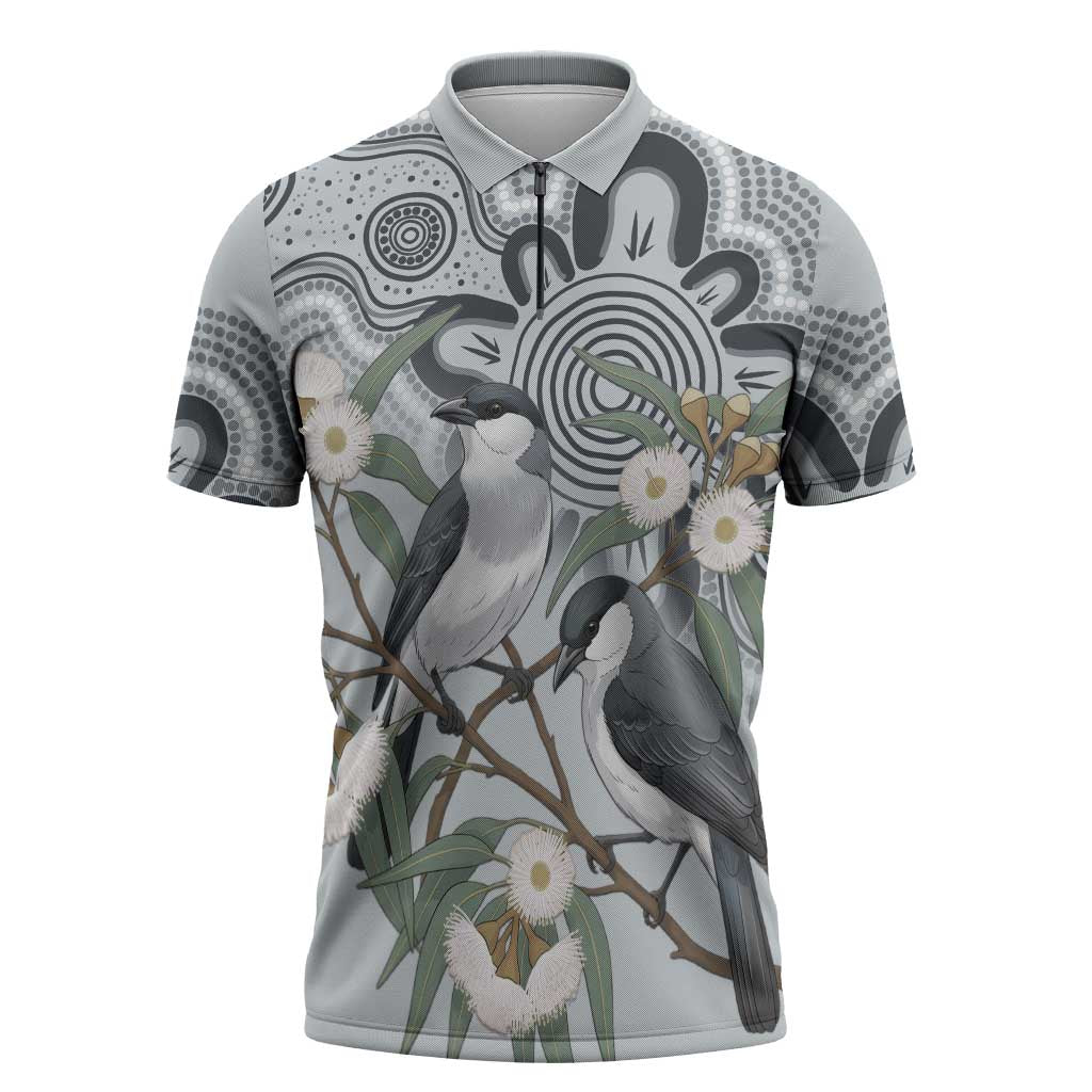 Australia Grey Butcherbird Zipper Polo Shirt Eucalyptus Alba Indigenous Art - Aussie Hoodie
