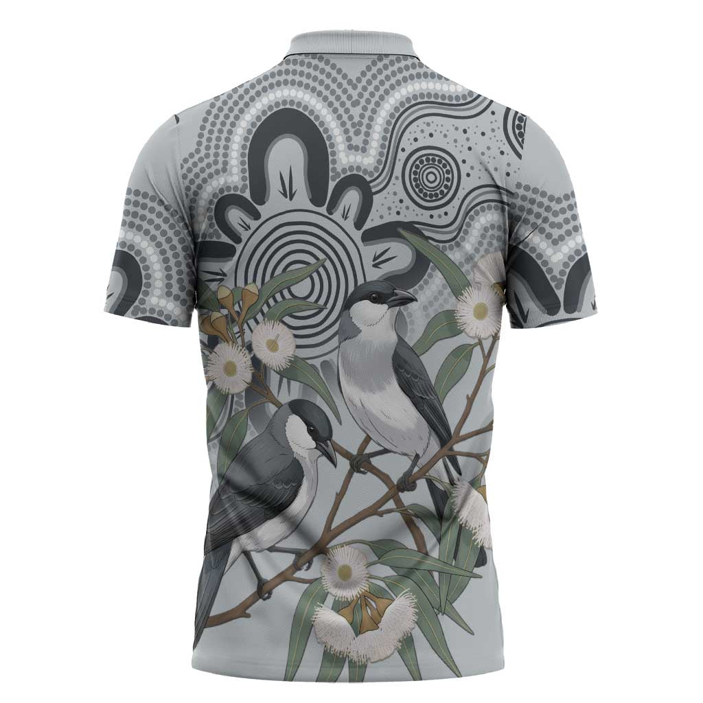 Australia Grey Butcherbird Zipper Polo Shirt Eucalyptus Alba Indigenous Art - Aussie Hoodie