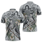 Australia Grey Butcherbird Zipper Polo Shirt Eucalyptus Alba Indigenous Art - Aussie Hoodie