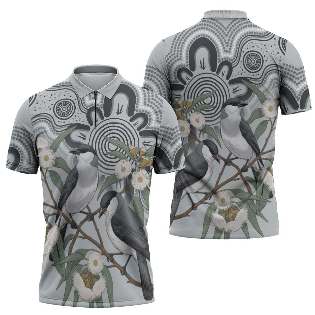 Australia Grey Butcherbird Zipper Polo Shirt Eucalyptus Alba Indigenous Art - Aussie Hoodie