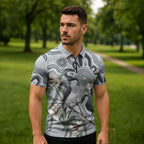 Australia Grey Butcherbird Zipper Polo Shirt Eucalyptus Alba Indigenous Art - Aussie Hoodie