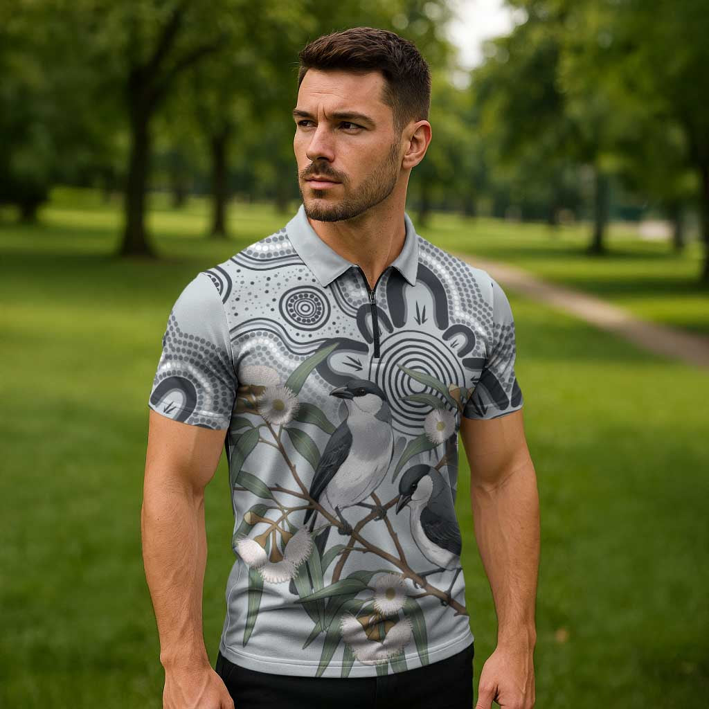 Australia Grey Butcherbird Zipper Polo Shirt Eucalyptus Alba Indigenous Art - Aussie Hoodie