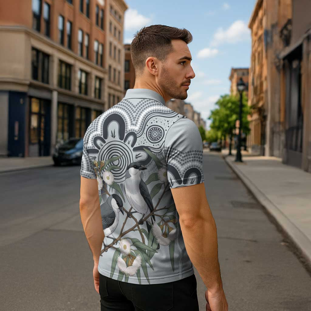 Australia Grey Butcherbird Zipper Polo Shirt Eucalyptus Alba Indigenous Art - Aussie Hoodie